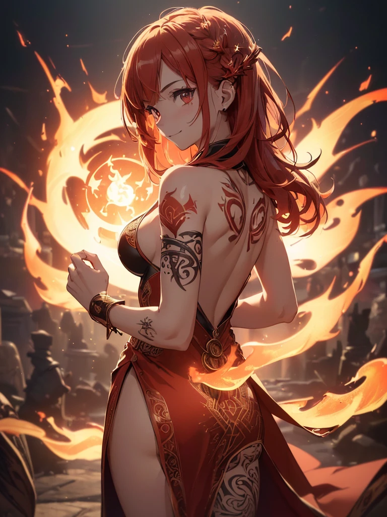 (((best quality, sharp image, clear image, cinematic lighting, 8k resolution, masterpiece, ultra detailed, intricate))) Girl, ((shot from behind)), ((close up)), look at viewer, fire mage, ((intricate background)), ((chaotic background)), red hair, smiling, ((flame runes, flame sigils)), (tatoo on back), slim figure, flying sigils, long dress, cute