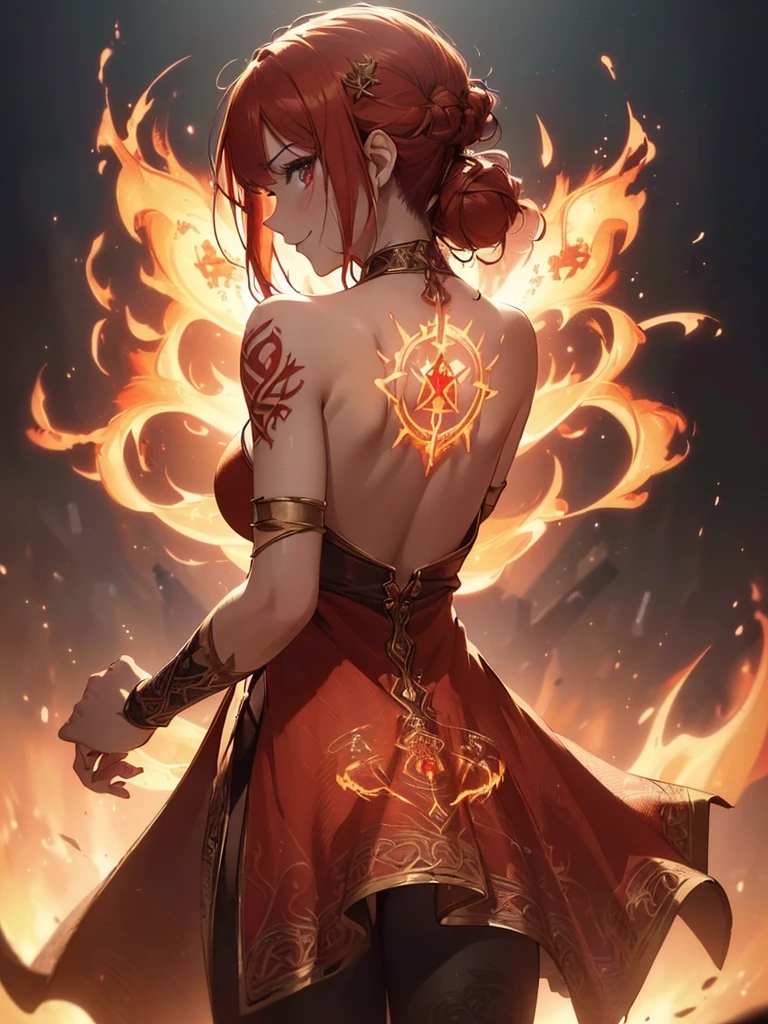 (((best quality, sharp image, clear image, cinematic lighting, 8k resolution, masterpiece, ultra detailed, intricate))) Girl, ((shot from behind)), ((close up)), look at viewer, fire mage, ((intricate background)), ((chaotic background)), red hair, smiling, ((flame runes, flame sigils)), (tatoo on back), slim figure, flying sigils, long dress, cute