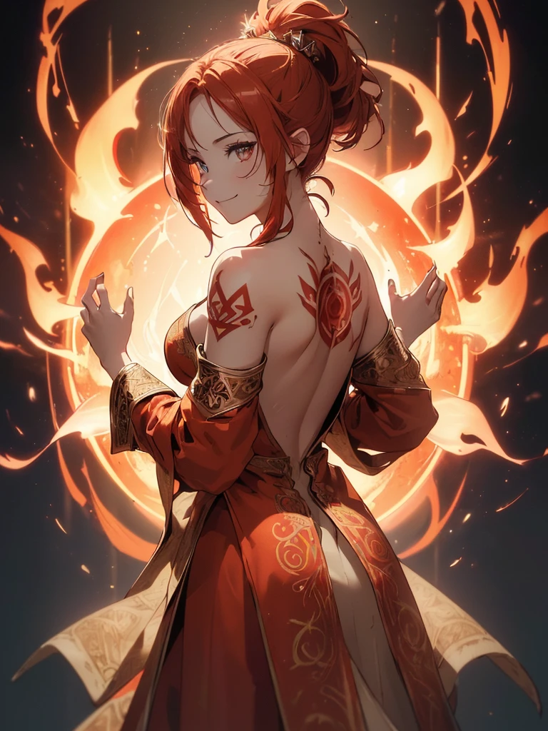 (((best quality, sharp image, clear image, cinematic lighting, 8k resolution, masterpiece, ultra detailed, intricate))) Girl, ((shot from behind)), ((close up)), look at viewer, fire mage, ((intricate background)), ((chaotic background)), red hair, smiling, ((flame runes, flame sigils)), (tatoo on back), slim figure, flying sigils, long dress, cute