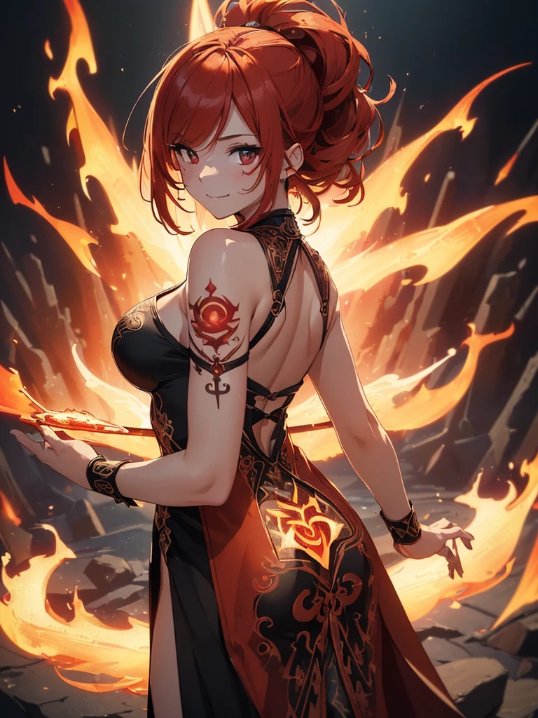 (((best quality, sharp image, clear image, cinematic lighting, 8k resolution, masterpiece, ultra detailed, intricate))) Girl, ((shot from behind)), ((close up)), look at viewer, fire mage, ((intricate background)), ((chaotic background)), red hair, smiling, ((flame runes, flame sigils)), (tatoo on back), slim figure, flying sigils, long dress, cute