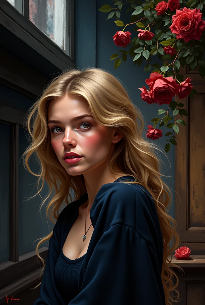 Use the style of the image but the girl more realistic blond hair white skin
