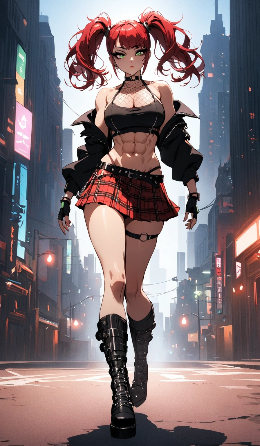 woman, stoic, curly red hair in pig tails, green eyes, black eyeshadow, wearing crop top black shirt, black hoodie, red plaid skirt, black knee high boots, black fingerless gloves, exposed shoulders, large breasts, freckles, abs, cleavage, looking down at viewer, cinematic lighting, masterpiece, best quality, best quality, Holo-Punk Style, cityscape, make up, eyelashes, fish net undershirt, fish net stockings, (full body)