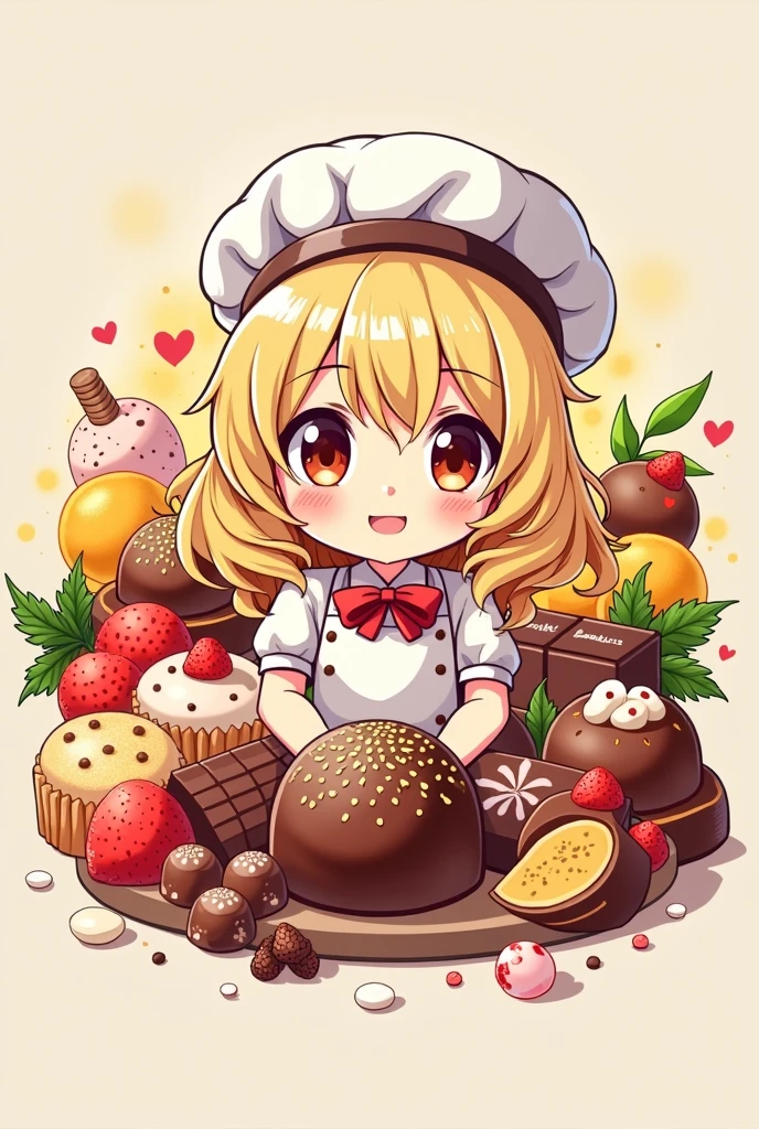 logo,Kizi, anime food, baking art, brigadiers frescas ao fundo, candies, tortas, brigadiers, chocolates, candies finos, blondie hair