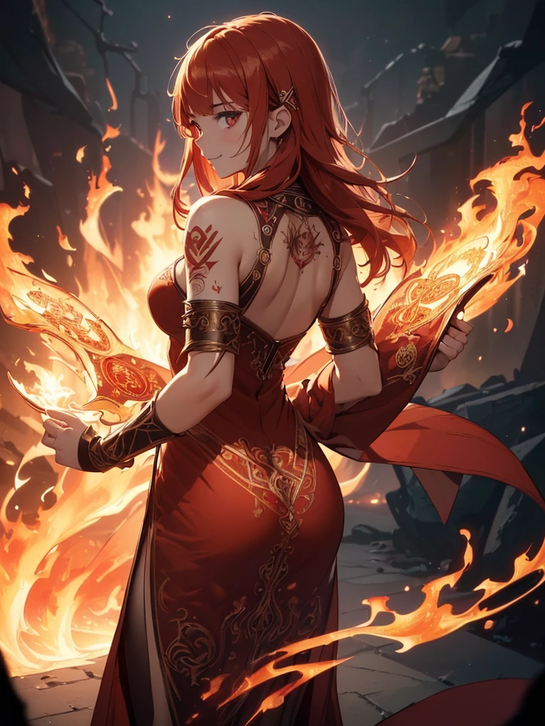 (((best quality, sharp image, clear image, cinematic lighting, 8k resolution, masterpiece, ultra detailed, intricate))) Girl, ((shot from behind)), ((close up)), look at viewer, fire mage, ((intricate background)), ((chaotic background)), red hair, smiling, ((flame runes, flame sigils)), (tatoo on back), slim figure, flying sigils, long dress, cute