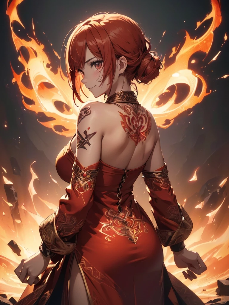 (((best quality, sharp image, clear image, cinematic lighting, 8k resolution, masterpiece, ultra detailed, intricate))) Girl, ((shot from behind)), ((close up)), look at viewer, fire mage, ((intricate background)), ((chaotic background)), red hair, smiling, ((flame runes, flame sigils)), (tatoo on back), slim figure, flying sigils, long dress, cute