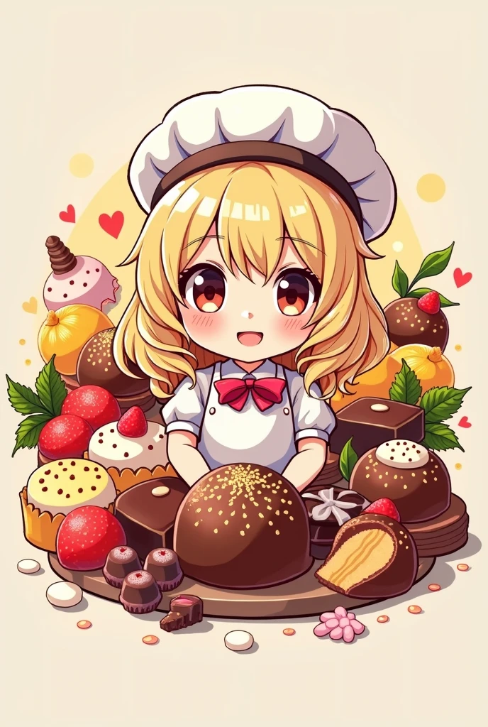 logo,Kizi, anime food, baking art, brigadiers frescas ao fundo, candies, tortas, brigadiers, chocolates, candies finos, blondie hair