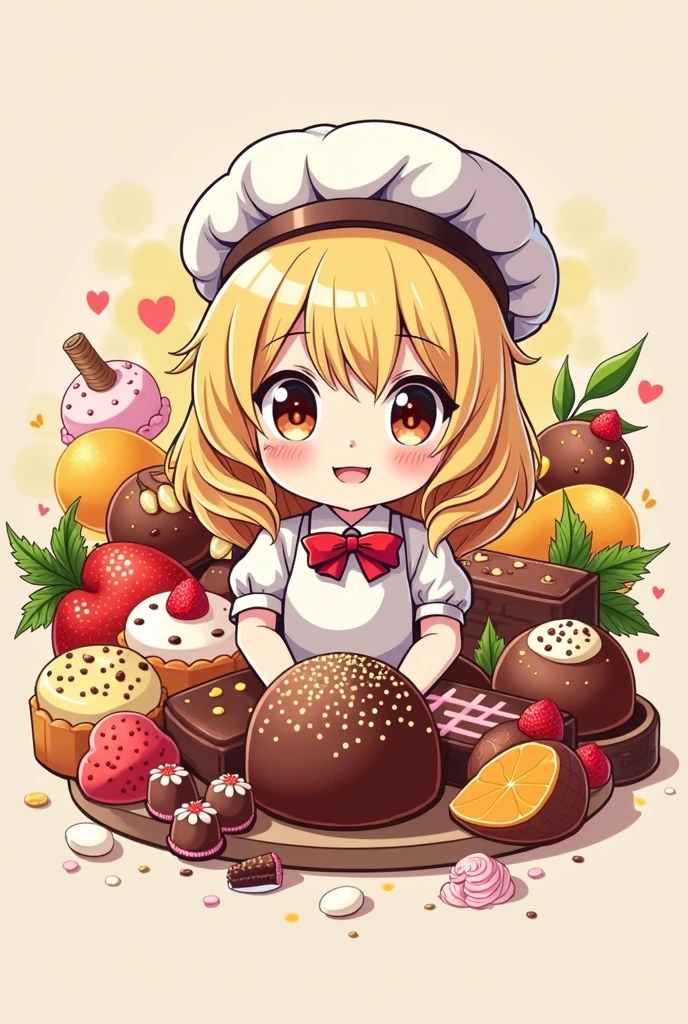 logo,Kizi, anime food, baking art, brigadiers frescas ao fundo, candies, tortas, brigadiers, chocolates, candies finos, blondie hair
