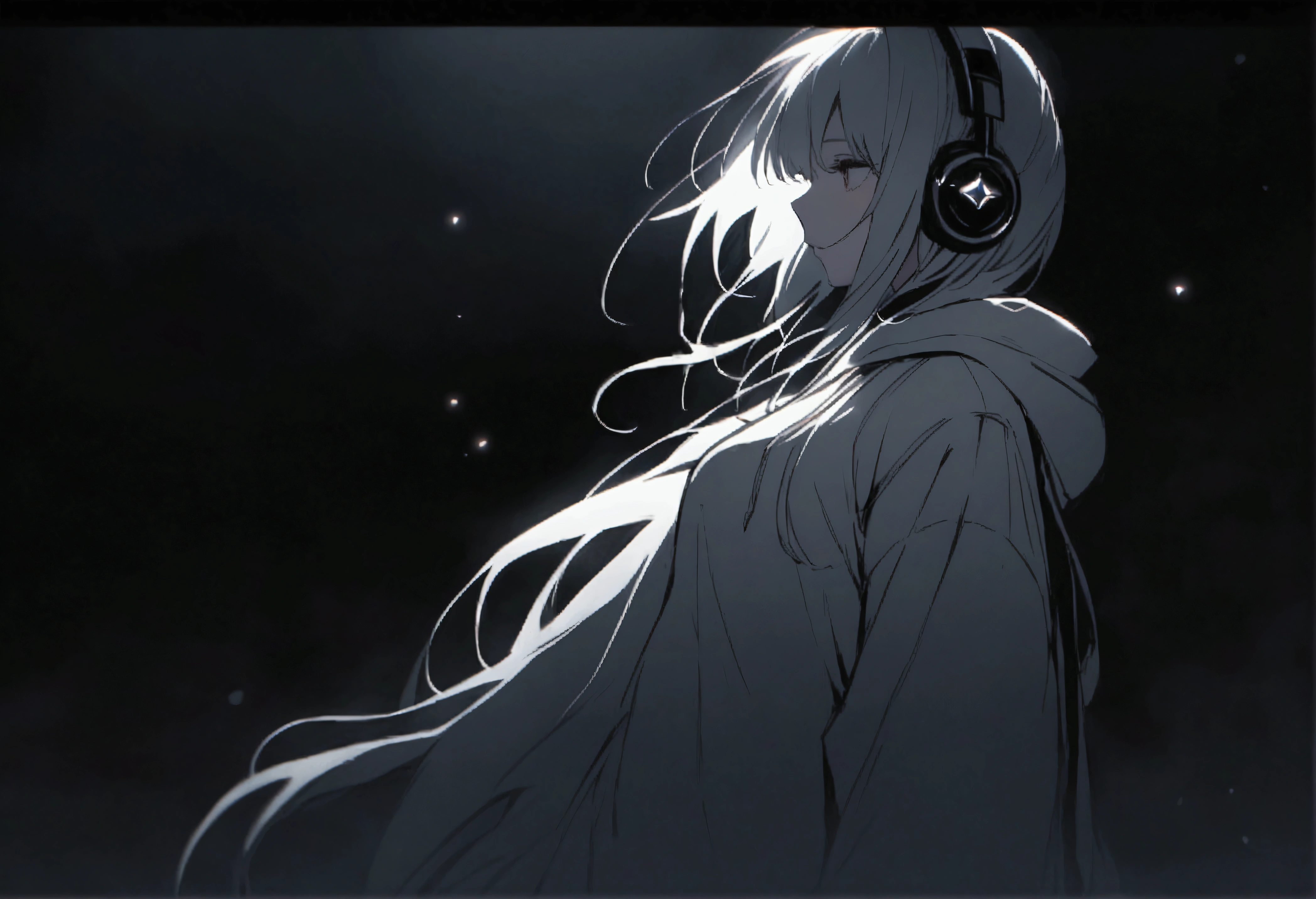 Side pose, A mysterious woman stands against a dark and eerie background. Her white hoodie and mask give him an air of secrecy, Her headphones、It alludes to the music that accompanies her in this dark world...