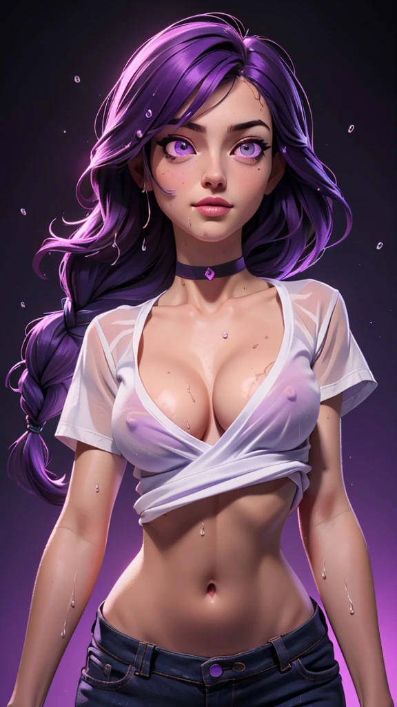 one girl, solo, (open stomach, bare stomach:1.3), slender body, fit body, (upper body, bust:1.2), (purple eyes:1.3), purple hair, (two cute braids:1.2), masterpiece, highly detailed, look at viewer, front view, (small breasts, tiny breasts, exposed breasts, deep cleavage:1.5), (transparent white t-shirt, wet t-shirt, choker:1.4), (studio lights, fractal art, bright colors, splashes of color background, colors mashing, paint splatter, complimentary colors, neon, compassionate, thunder, lightnings, electric, limited palette:1.1), expressing joy, (nipples:0.9)