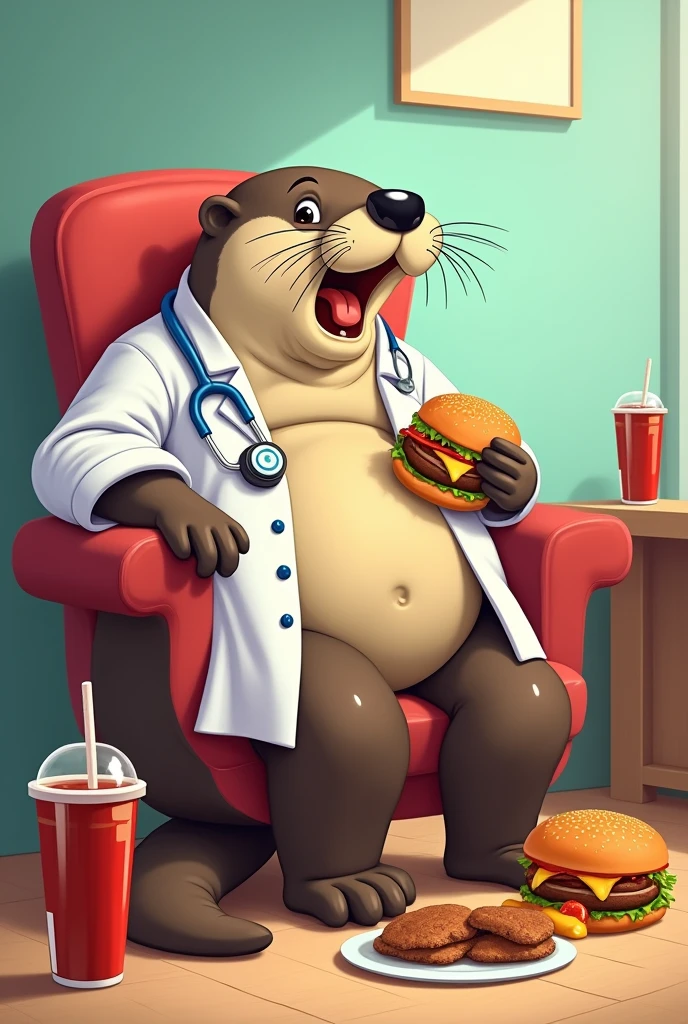Otter lying on a chair with obesity 2d animation for ren dressed as a dirty doctor with oil eating food a hamburger that is spilling drinking a cola soda for use as an image in a fast food place 