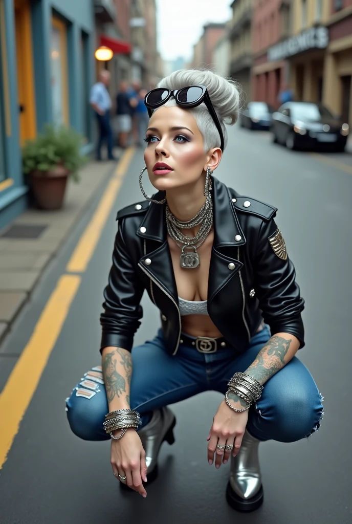 russian old milf woman, grey hair (top bun, shaved sides), oversized maxi sunglasses as headband. Very light blue eyes, extremely pale. Wearing cropped black moto jacket (lots of silver metal pins and badges on lapels), shiny silver push up bra, skinny blue jeans and silver pointy Chelsea boots with cuban heels . Lots of metallic wide silver bracelets, a tacky chain and a padlock as a collar. Tacky studded leather belt with oversized chanel buckle. Wide loop earrings. Squatting , looking up, eyes and mouth wide open in amazement. Tattooed. Hands on her knees. Chin up, looking up listening in amazement to God. Well toned abdominals, thin legs and thin arms. Inside otorcycle store with some customers around