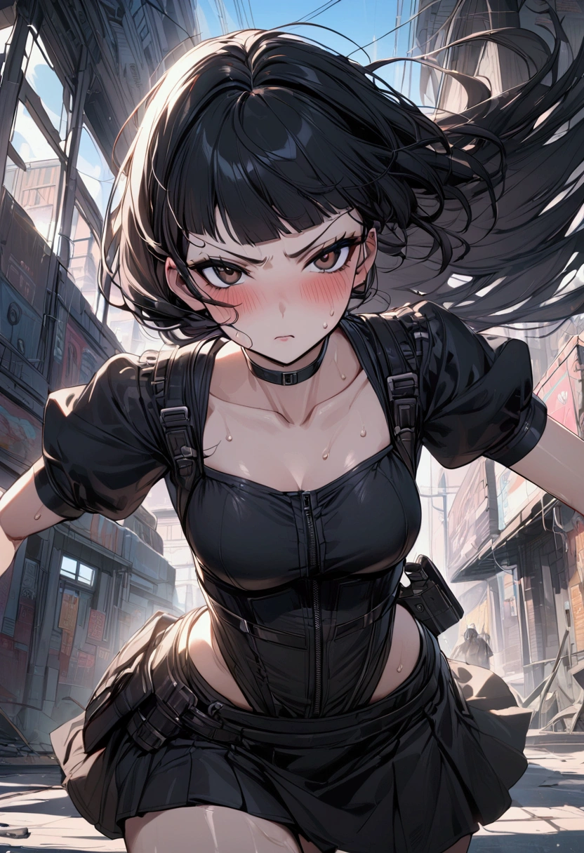 1girl solo,Female fighter maid outfit, collarbone, white puff sleeves, black shoulder straps, black corset, black flared mini skirt, blunt bangs, black choker. Dynamic composition,{{fight}},{{masterpiece}}, {{{Highest quality}}},{{Very detailed}},holster ,Fight,,{{v-shaped eyebrows}},Bad mood,blush,Sweat,raise one's eyebrows ,Black hair Long hair,Blunt bangs ,cyberpunk ,Black fingerless gloves ,school yard