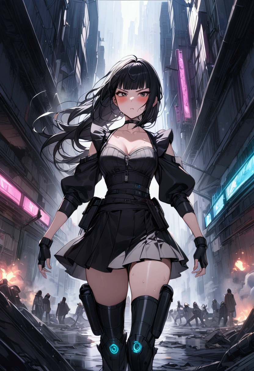 1girl solo,Female fighter maid outfit, collarbone, white puff sleeves, black shoulder straps, black corset, black flared mini skirt, blunt bangs, black choker.  Dynamic composition,{{fight}},{{masterpiece}}, {{{Highest quality}}},{{Very detailed}},holster　,Fight,,{{v-shaped eyebrows}},Bad mood,blush,Sweat,raise one's eyebrows　,Black hair Long hair,Blunt bangs　,cyberpunk　,Black fingerless gloves　,school yard