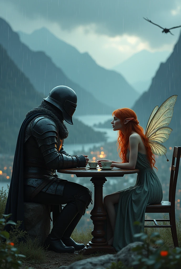 Romantic fantasy, in skyrim style. A man in armor and a black helmet covering his face, with sword, looking at a fairy with pointy ears and coppery orange hair drinking tea. The two are sitting at a table facing each other on a very high hill., in mountains, It&#39;s raining and there are dragons flying in the sky. seen from a distance, an illuminated city behind 