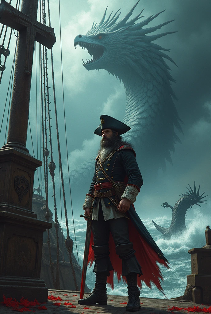 A 16th century pirate ship admiral dressed in black, white and red. In its chapel there is a cross like the one on the Portuguese caravels.
Make him with a bloodstained sword and behind him is a dead dragon. In front of you Make a giant hurricane destroying everything while the admiral remains strong and fearless looking at him. Also in the corner of the image draw a giant demonic vulture in black and red colors.. watching and waiting for the admiral as he watches the hurricane.