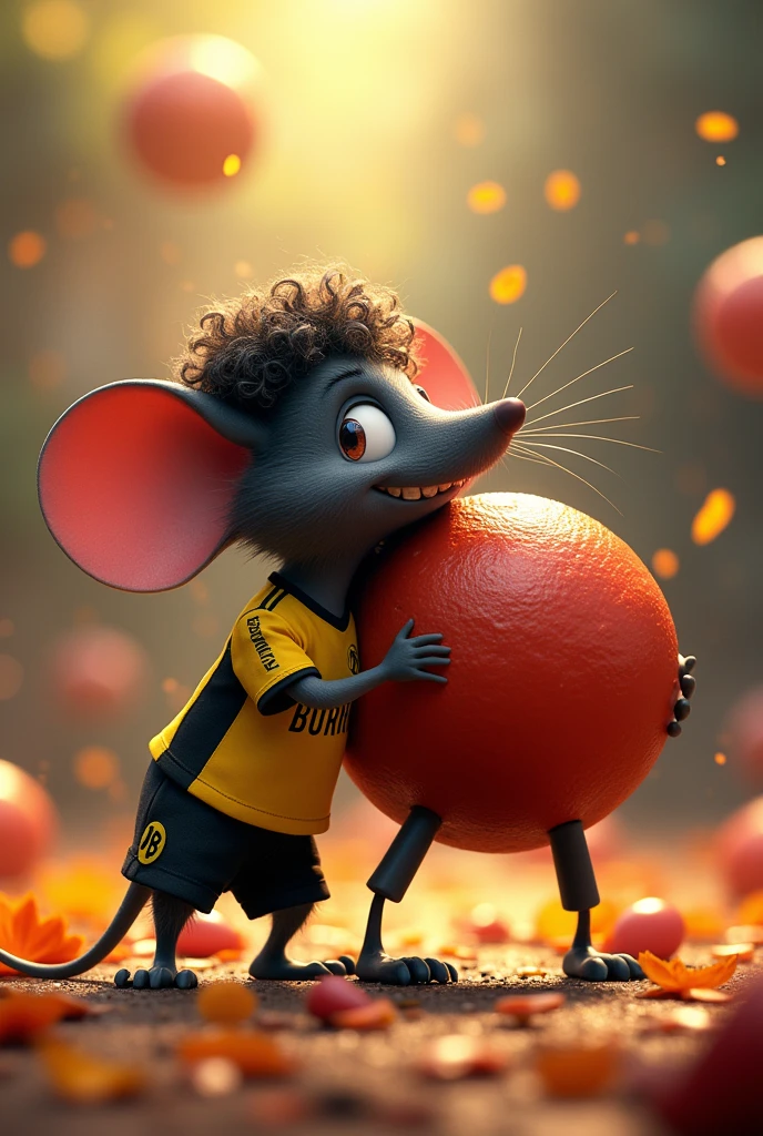 Disney Pixar cover that the title says "RATALITO and the meatball" , appearance a black mouse with a hanging nose and gigantic broken teeth with curly hair and dressed in a Borussia Dortmund outfit and a giant meatball with legs at his side