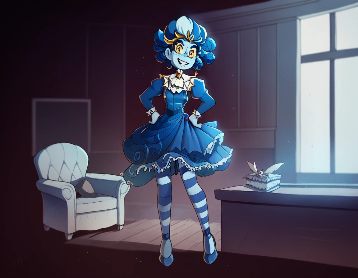 victorianstyle, frankelda, 1girl, solo, dress, striped, blue hair, puffy sleeves, high heels, colored skin, freckles, blue striped stockings, standing, evil smile, look at viewer, hands on hips, glowing blue eyes, yellow sclera, standing in a living room with a spiderweb rosette background, dark ambient, half body view, dust particles floating in the air