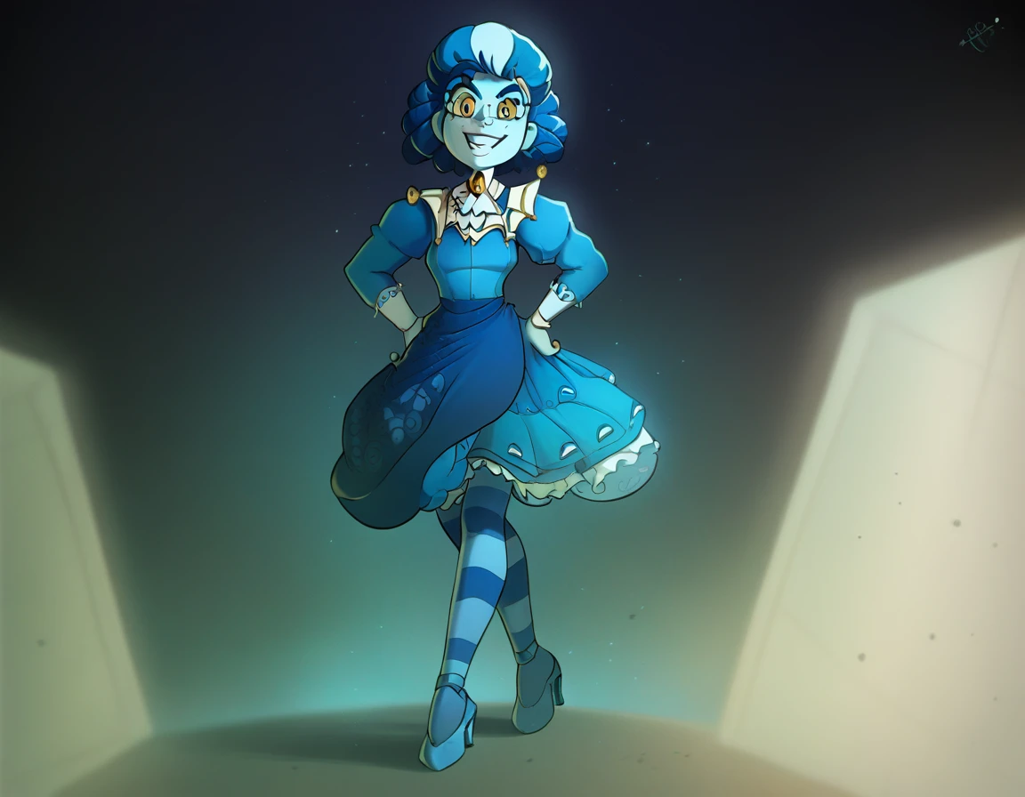 victorianstyle, frankelda, 1girl, solo, dress, striped, blue hair, puffy sleeves, high heels, colored skin, freckles, blue striped stockings, standing, evil smile, look at viewer, hands on hips, glowing blue eyes, yellow sclera, standing in a living room with a spiderweb rosette background, dark ambient, half body view, dust particles floating in the air