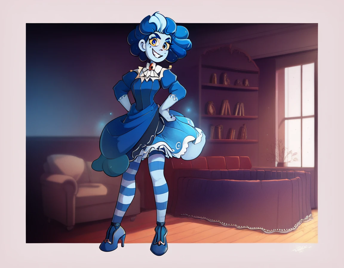 victorianstyle, frankelda, 1girl, solo, dress, striped, blue hair, puffy sleeves, high heels, colored skin, freckles, blue striped stockings, standing, evil smile, look at viewer, hands on hips, glowing blue eyes, yellow sclera, standing in a living room with a spiderweb rosette background, dark ambient, half body view, dust particles floating in the air