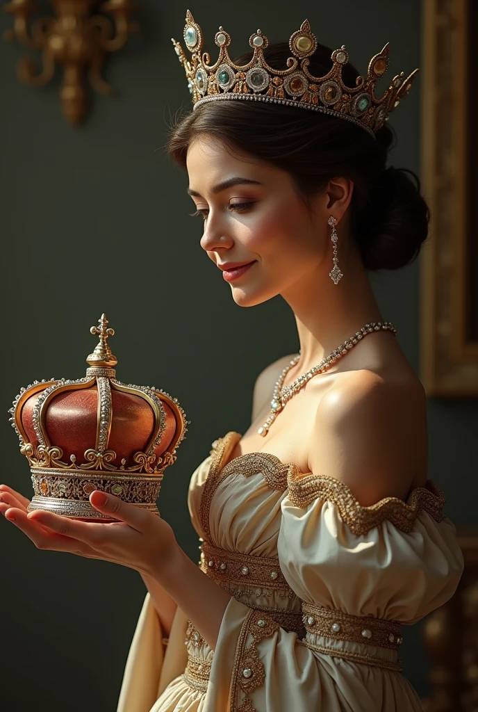 Mom holding crown side profile right full body