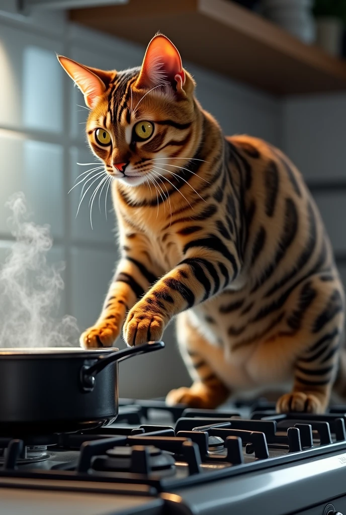A highly detailed, realistic close-up of a Bengal cat cooking on a modern kitchen stove, wide-angle shot.