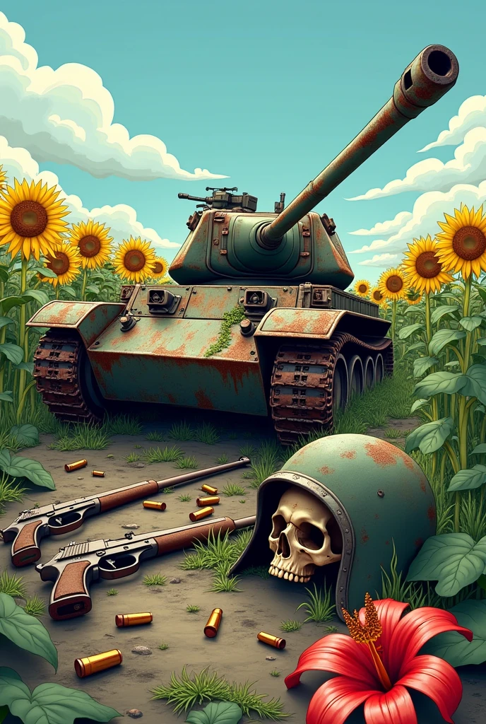 sunflower field, blue sky, destroyed tank t 62 , rusty overgrown with vines , there is a helmet with a skull nearby, rusty ,,next to it there are 2 machine guns and 2 rusty pistols , cartridges and shells for the tank from the helmet ,a fiery red lily grows nearby , cartoon