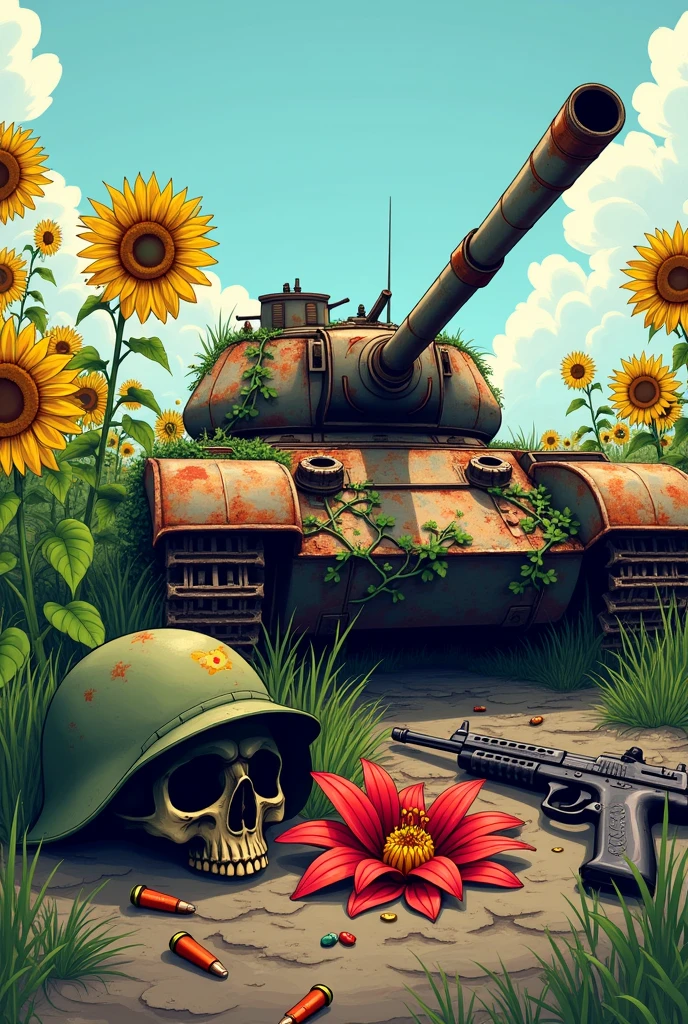 sunflower field, blue sky, destroyed tank t 62 , rusty overgrown with vines , there is a helmet with a skull nearby, rusty ,,next to it there are 2 machine guns and 2 rusty pistols , cartridges and shells for the tank from the helmet ,a fiery red lily grows nearby , cartoon