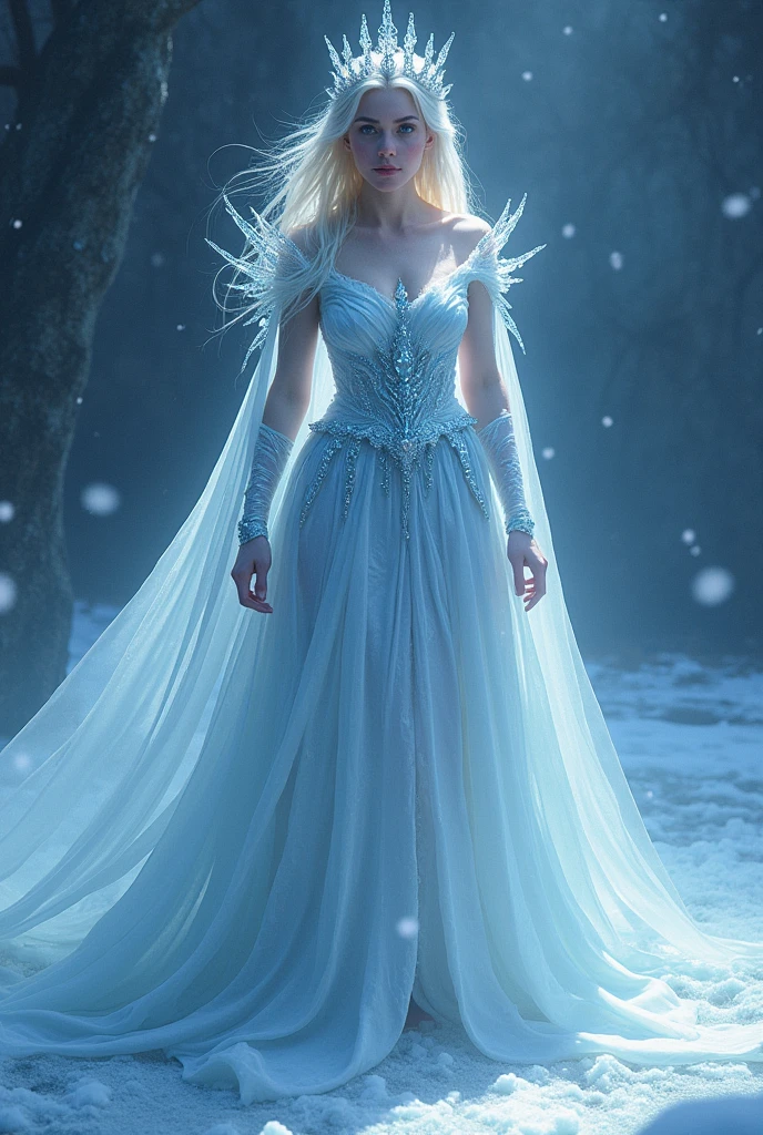 A regally frigid cold queen shrouded in an aura of frosty elegance. Her icy gaze pierces the soul, every inch of her shimmering with icy brilliance. Her flowing robes cascade like frozen waterfalls, delicate but menacing. This meticulously detailed painting, captures the essence of her chilling beauty with stunning clarity and precision. 8k, fullbody