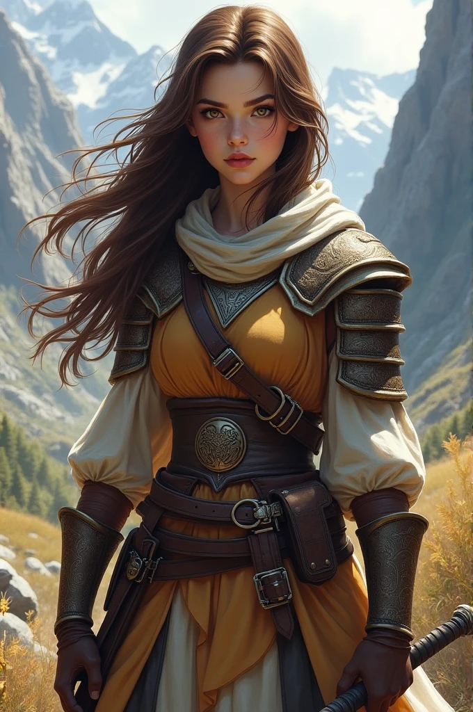 Brown haired girl with honey eyes, dressed as a warrior with an oval face