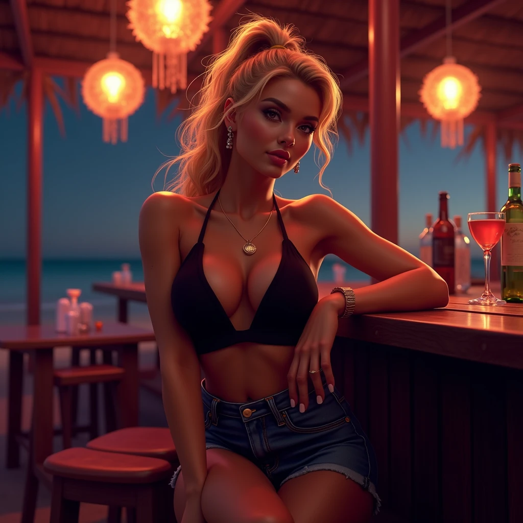 Blonde bombshell smilling, ponytail hair, and sitting at the bar of a beach bar at night. She is wearing a sexy black top and a shorts sexy jean.