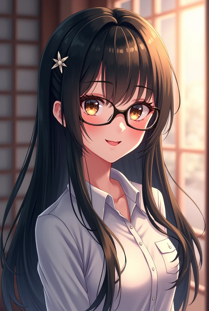 Wear glasses, 1 Japan, Long Hair, High resolution, Small breasts, Gaze, smile, Black Hair, Anatomically correct, happiness/joy, Sparkling eyes, Eyebrows hidden under hair, hair band, Long shirt dress, Full body portrait