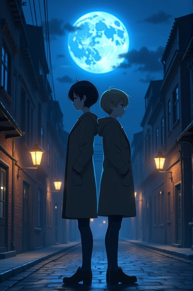 anime woman with short black hair and blonde anime boy with overcoat standing back to back in a street at night, blue moon in the sky