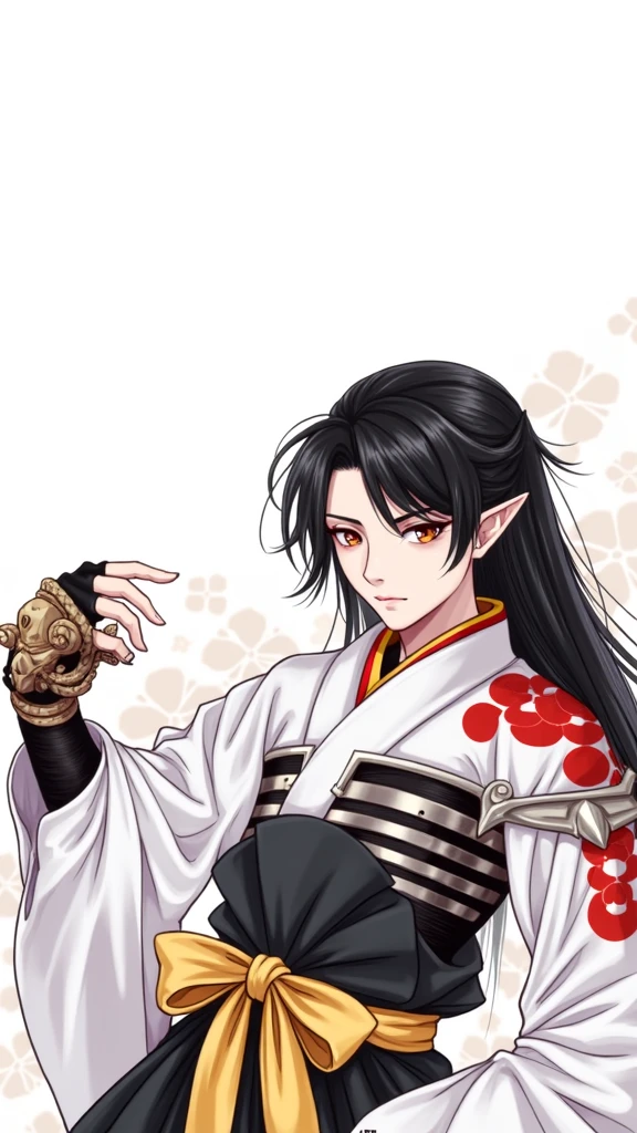 young boy, Long black hair, high ponytail, elf ears, covered eyes, blindfold, open kimono, open torso, flute, Snake, smirk, Masterpiece, hiquality