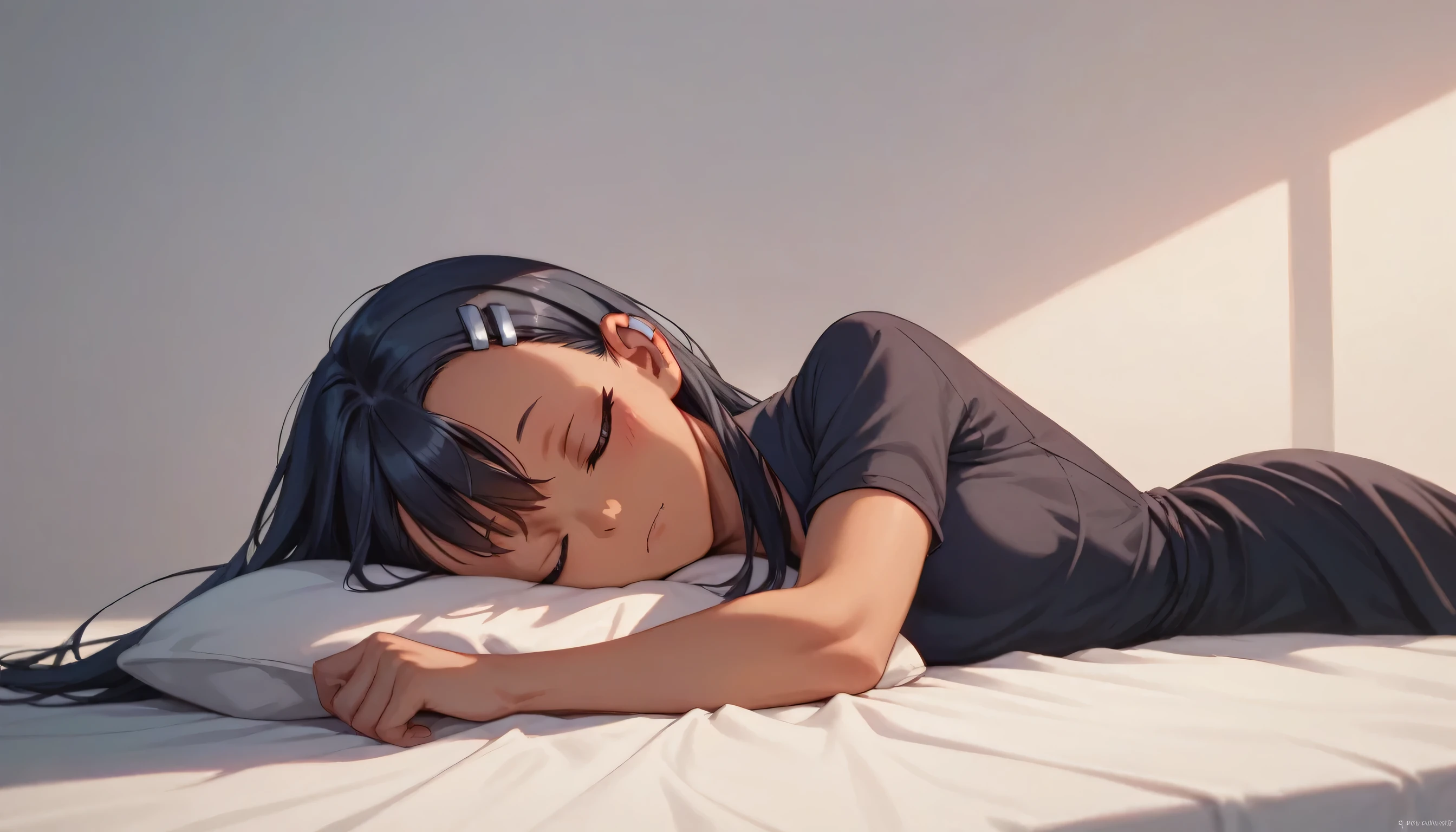 best quality, masterpiece, highres, solo,sleeping,black dressin face,with detailed background agains a red plain background,,Hayase Nagatoro