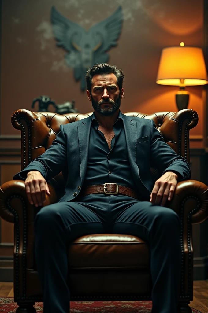 a cinematic photography, actor Hugh Jackman as Wolverine, in the Marvel character's battle dress, seated in a magnificent shesterfield-style leather armchair, in a mysterious and enigmatic atmosphere, warm colors, hyper-realistic, ultra-detailed