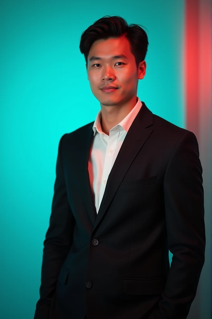 A young man with dark hair and a confident smiter He is dressed in a black blazer over a white shirt39 The man is positioned against aqua colour backdrop with a subtle red lighting on the left side. and he posing for LinkedIn profile