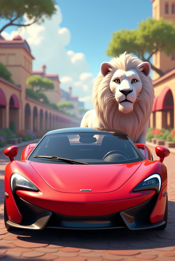 I want a youtube video size 1920x1080 game with a red color car and a white lion and bygone sara ruddy etc beautiful and above it says Kidz Flix