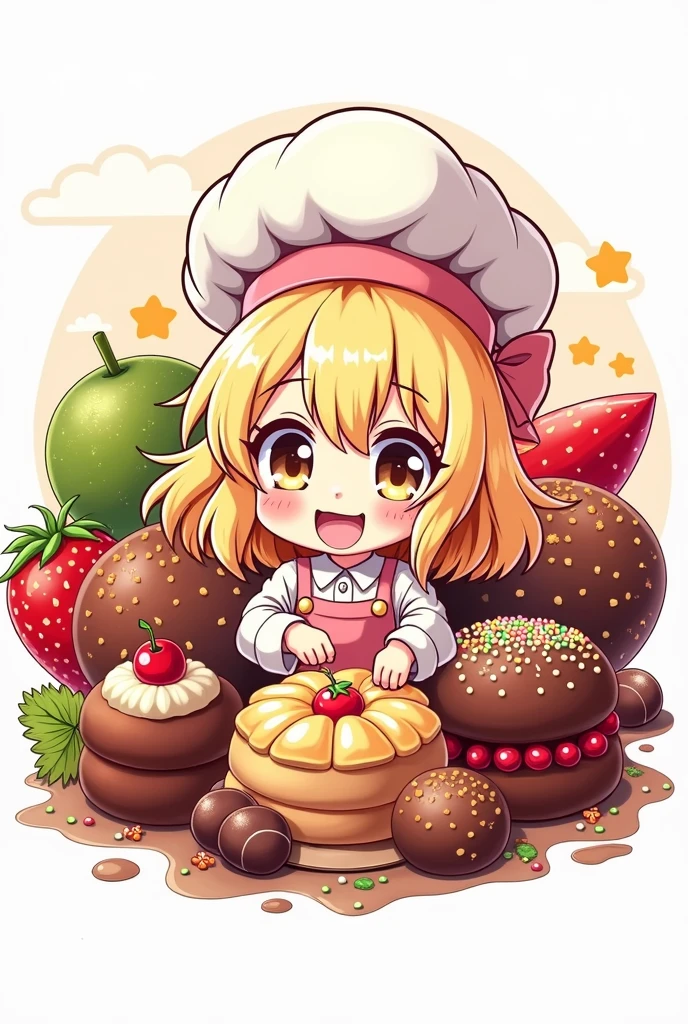 logo,Kizi, anime food, baking art, brigadiers frescas ao fundo, candies, tortas, brigadiers, chocolates, candies finos, blondie hair
