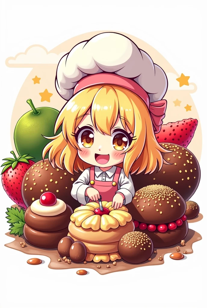 logo,Kizi, anime food, baking art, brigadiers frescas ao fundo, candies, tortas, brigadiers, chocolates, candies finos, blondie hair
