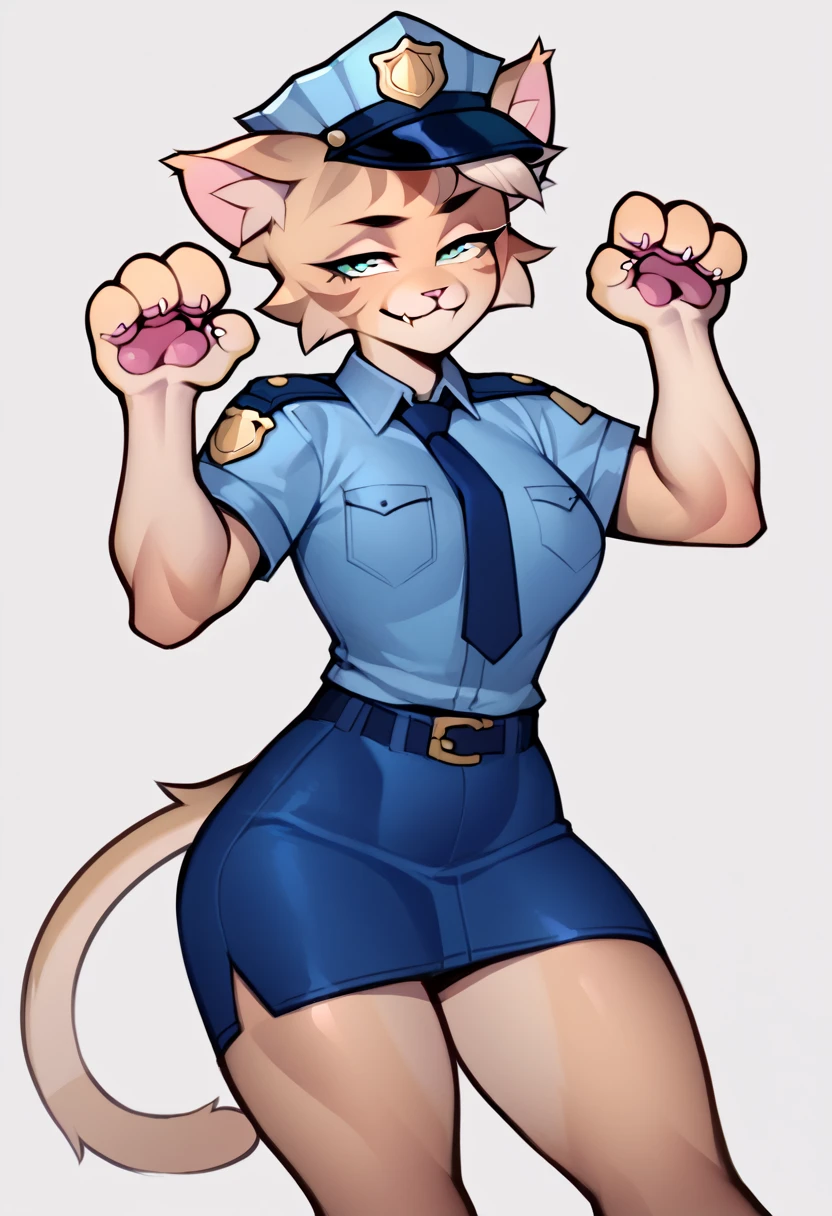 score_5_up,score_6_up,score_7_up, a cat_girl police officer sleeping, paw pose, tail, smug, fang
