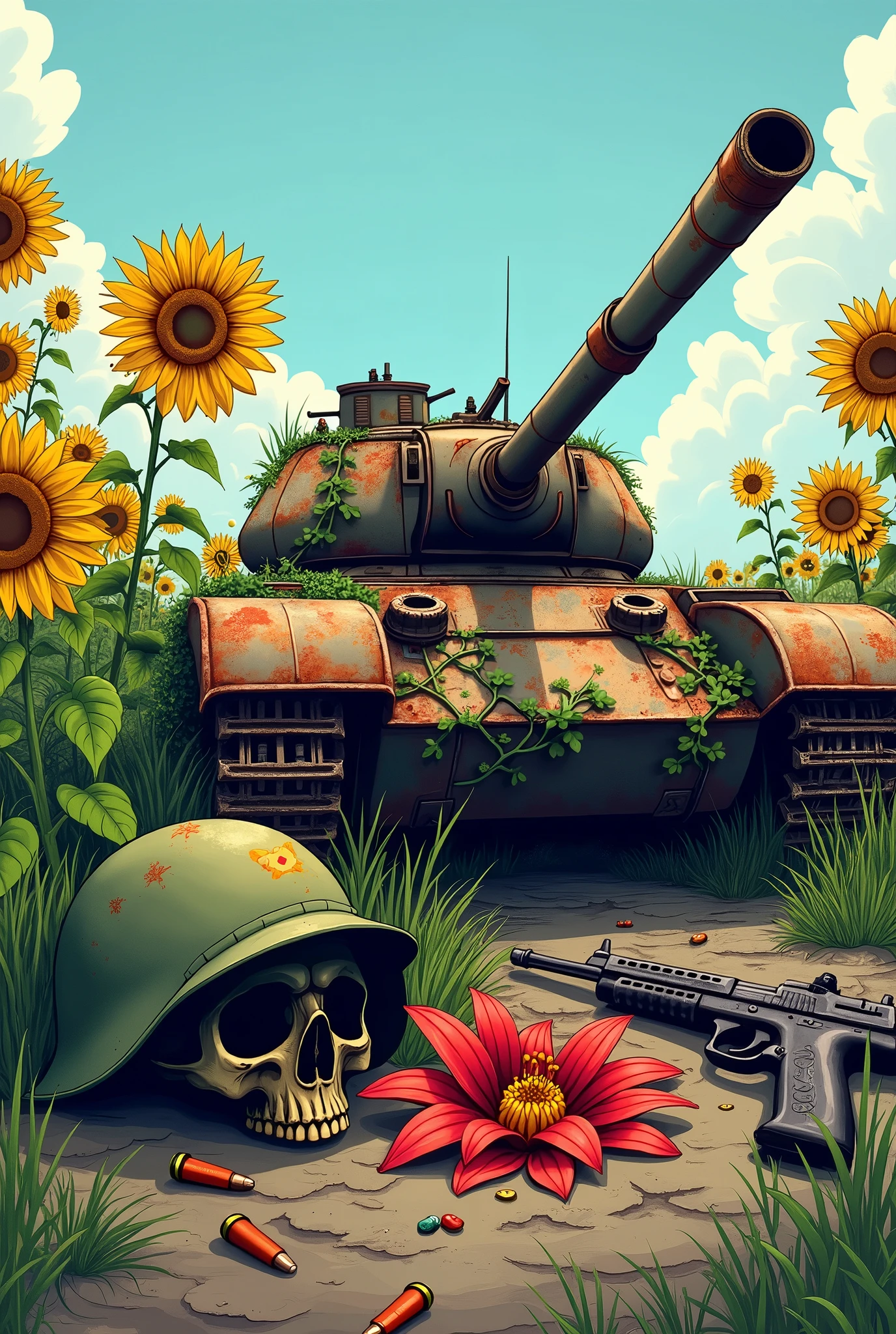 sunflower field, blue sky, destroyed tank t 62 , rusty overgrown with vines , there is a helmet with a skull nearby, rusty ,,next to it there are 2 machine guns and 2 rusty pistols , cartridges and shells for the tank from the helmet ,a fiery red lily grows nearby , cartoon 