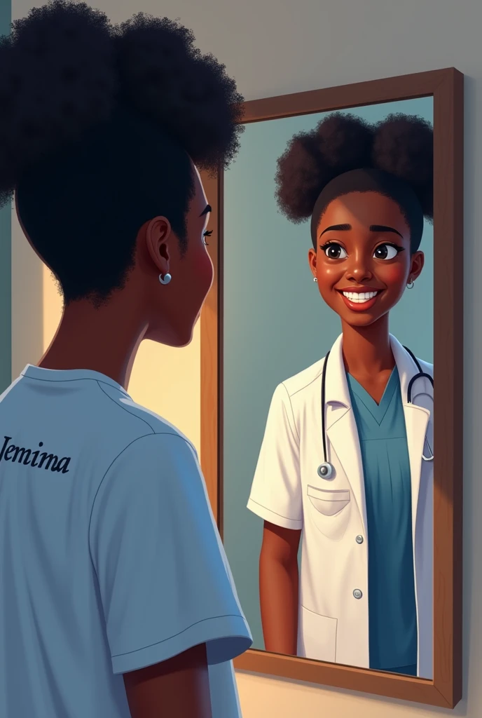 Une jeune fille noir avec des cheveux crépus,  peigné en chignon, habillé avec un t-shirt qui écrit Jemima  et elle se regarde dans un miroir et elle voit son reflet qui est habillé en tenu de médecin,  en uniforme complet de médecin qui sourit avec elle et Jemima se sent rassurer.  Je ne veux pas d'images d'enfants car elle a 19 ans