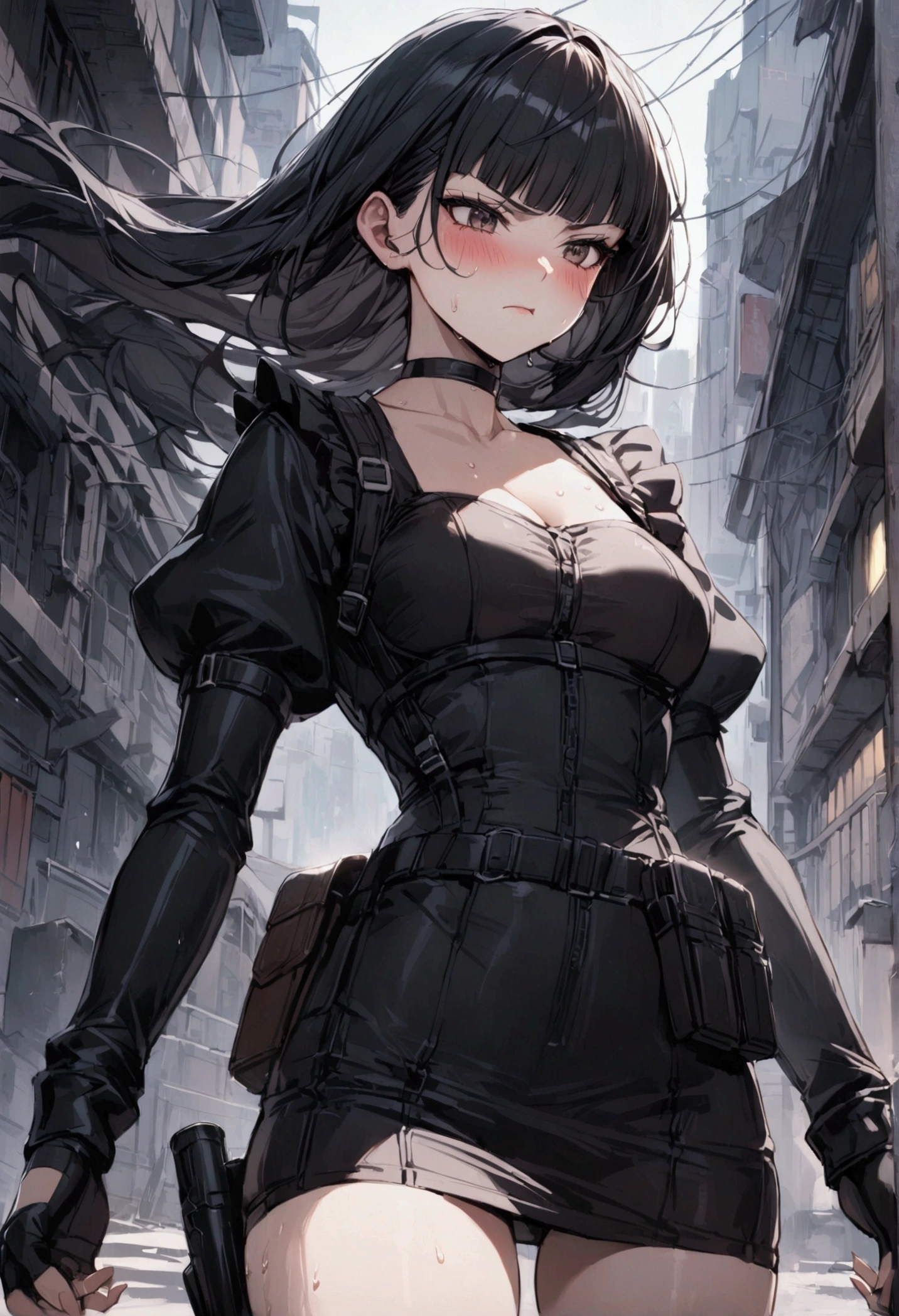 1girl solo,Female fighter maid outfit, collarbone, white puff sleeves, black shoulder straps, black corset, black flared mini skirt, blunt bangs, black choker. Dynamic composition,{{fight}},{{masterpiece}}, {{{Highest quality}}},{{Very detailed}},holster ,Fight,,{{v-shaped eyebrows}},Bad mood,blush,Sweat,raise one's eyebrows ,Black hair Long hair,Blunt bangs ,cyberpunk ,Black fingerless gloves ,school yard