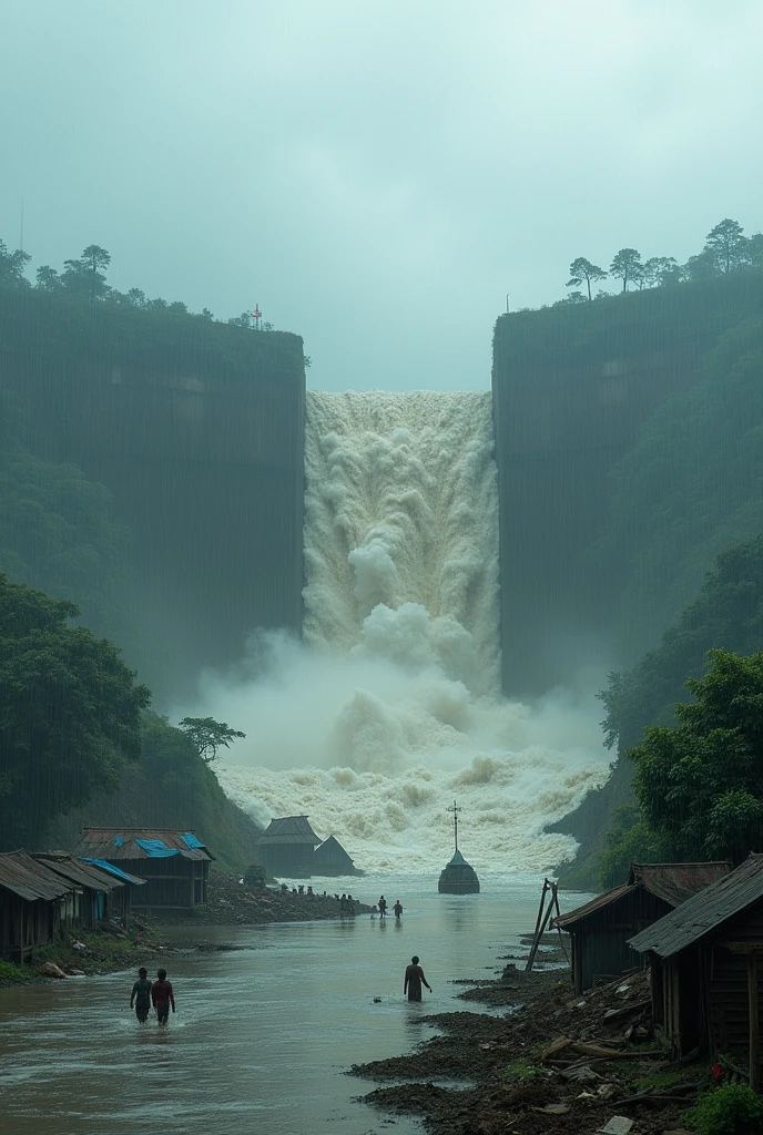 "The picture shows a large part of the Indian River’s dam, which is fully opened. A massive amount of water is flowing out from the breached section. The lower part of Bangladesh is being submerged, with rising water levels flooding many homes, fields, and farms. The scene is very terrifying and chaotic, with the river’s flow washing away houses and roads. Some people are moving to safer places with their belongings, and rescue teams are working in the affected area. The sky is filled with thick fog and rain, adding to the severity of the situation."