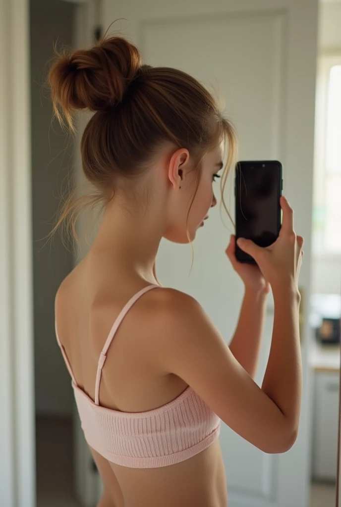 cute 14 year old girl, Light brown hair in a bun, Full body, in front of the mirror, taking a photo with a mobile phone, do it this way, to make it look very realistic