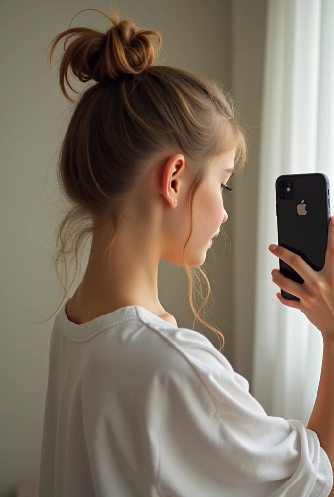 cute 14 year old girl, Light brown hair in a bun, Full body, in front of the mirror, taking a photo with a mobile phone, do it this way, to make it look very realistic