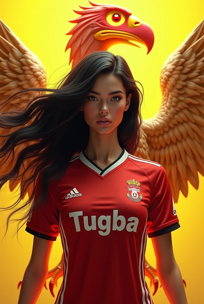 Live 3D Beşiktaş logo in the background, Live 3D eagle figure on the sides, Black Haired Beautiful Woman in front, TUGBA text on the black and white Beşiktaş jersey, MAY THE COLOR BE GOLDEN YELLOW