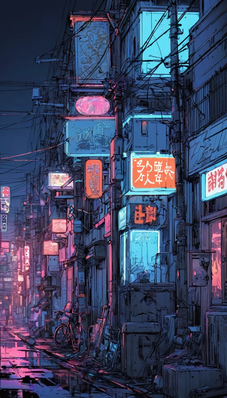 cyber punk　cyber punkアート　Streetscape　古いビルが並ぶStreetscape　Neon sign　沢山のNeon sign　telephone pole　Electric wires are tangled　　Beautiful picture　Exquisite illustrations　Great illustrations
