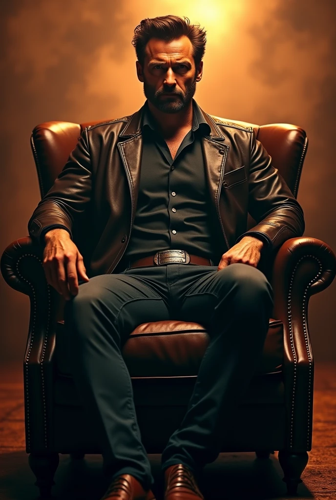 a cinematic photography, actor Hugh Jackman as Wolverine, in the Marvel character's battle dress, seated in a magnificent shesterfield-style leather armchair, in a mysterious and enigmatic atmosphere, warm colors, hyper-realistic, ultra-detailed