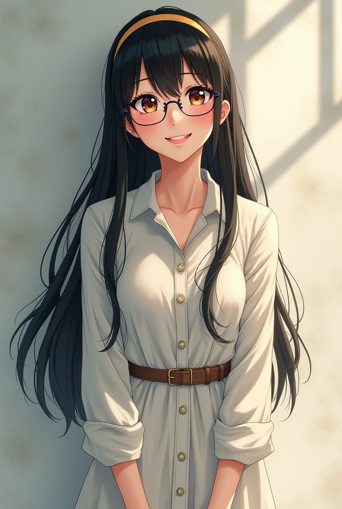 Wearing glasses, 1 Japan, Long Hair, High resolution, Small breasts, sight, Black Hair, Anatomically correct, happiness/joy, Sparkling eyes, Eyebrows hidden under hair, hair band, Long shirt dress, Full body portrait,Long Hair, look up, 